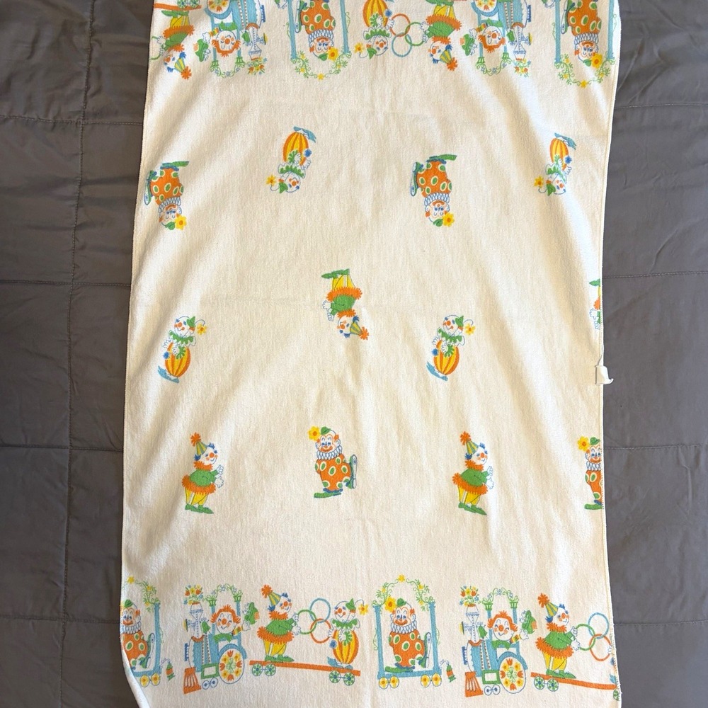 VTG Clown Baby Receiving Blanket Train Floral Colorful Retro Kidcore 60s 70s 80s